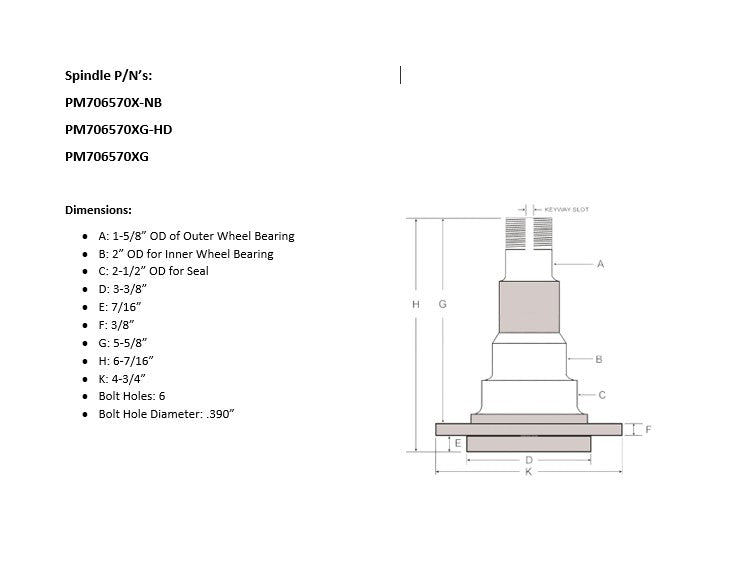 GM Big Bearing, Spindle with Spindle Bearing Kit, 6 Bolt, Dana 44, (PM706570XG)